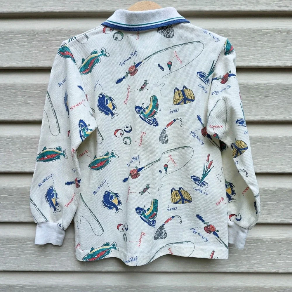 VTG OshKosh B'Gosh Boys 4T Fly Fishing Print Polo Shirt USA 90s Outdoors